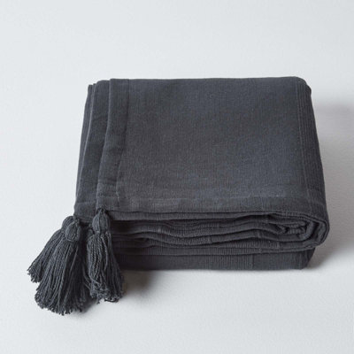 Homescapes Cotton Rajput Ribbed Black Throw, 255 x 360 cm