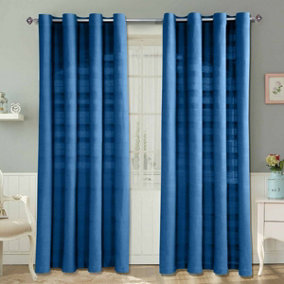 Homescapes Cotton Rajput Ribbed Blue Curtain Pair, 54 x 54" Drop