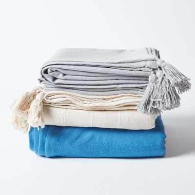 Homescapes Cotton Rajput Ribbed Blue Throw, 255 x 360 cm