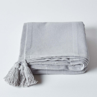 Homescapes Cotton Rajput Ribbed Silver Grey Throw, 225 x 360 cm