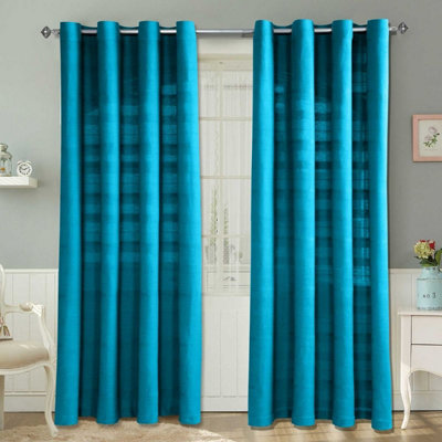 Homescapes Cotton Rajput Ribbed Teal Curtain Pair, 66 x 72" Drop