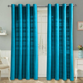 Homescapes Cotton Rajput Ribbed Teal Curtain Pair, 66 x 90" Drop