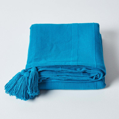 Homescapes Cotton Rajput Ribbed Teal Throw, 225 x 255 cm