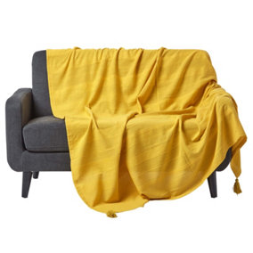 Homescapes Cotton Rajput Ribbed Yellow Throw, 255 x 360 cm