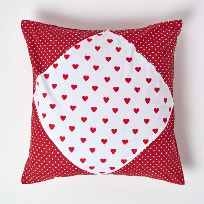 Homescapes Cotton Red Hearts and Polka Dots Cushion Cover, 60 x 60 cm ...