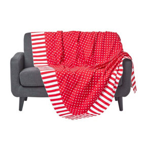 Homescapes Cotton Red Polka Dots and Stripes Sofa Throw