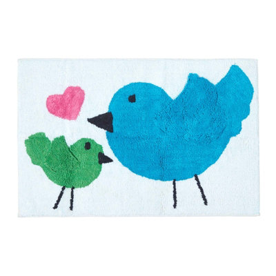 Homescapes Cotton Tufted  Blue Green Birds Pink Heart Kids Rug