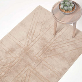 Homescapes Cotton Tufted Rug Union Jack Plain Embossed Mat Mink Beige,90 x 150 cm