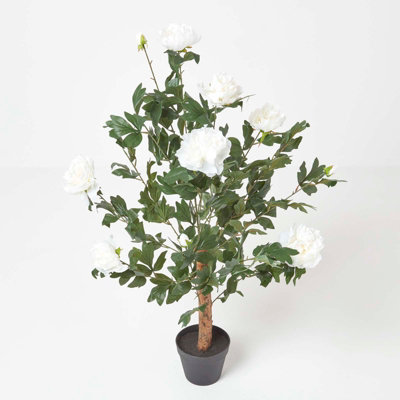 Homescapes Cream Artificial Peony Tree in Black Pot, 100 cm Tall