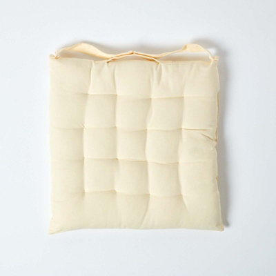 Homescapes Cream Plain Seat Pad with Button Straps 100% Cotton 40 x 40 cm