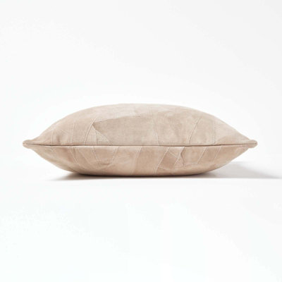 Homescapes Cream Real Leather Suede Cushion with Feather Filling