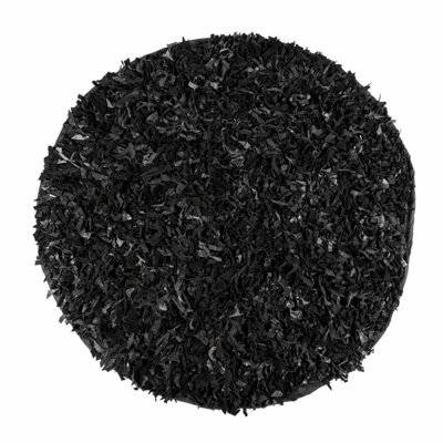 Homescapes Dallas Leather Shaggy Rug Black, 150 cm Round