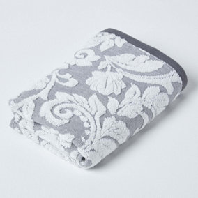 Homescapes Damask Turkish Cotton 600 GSM Hand Towel, Silver