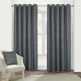 Homescapes Dark Grey Heavy Boucle Textured Blackout Lined Eyelet Curtain Pair, 66 x 72"