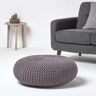 Homescapes Dark Grey Large Round Cotton Knitted Pouffe Footstool