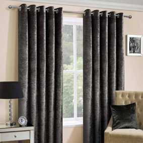 Homescapes Dark Grey Luxury Crushed Velvet Lined Eyelet Curtain Pair, 46 x 72"