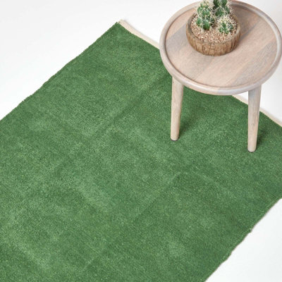 Homescapes Dark Olive 100% Cotton Plain Chenille Rug with Natural Trim, 110 x 170 cm