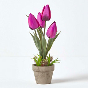 Homescapes Dark Purple Artificial Tulips Grey Decorative Stone Pot, 27 cm