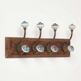 Homescapes Decorative Blue and White Wall Mounted Coat Hook Rack