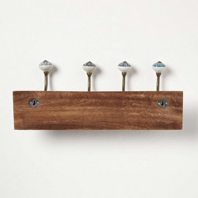 Homescapes Decorative Blue and White Wall Mounted Coat Hook Rack