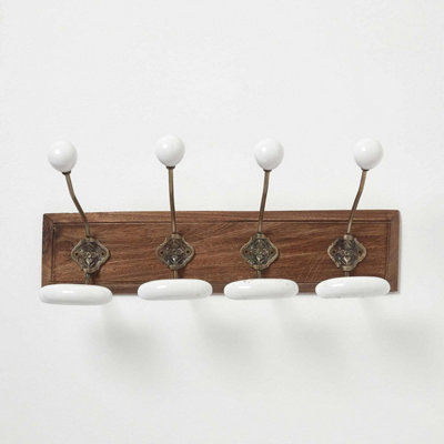 Homescapes Decorative Brass & White Wall Mounted Coat Hook Rack