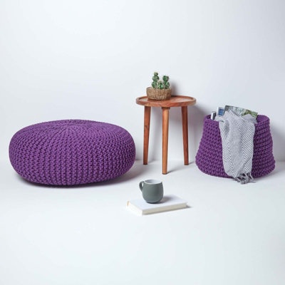 Homescapes Deep Purple Large Round Cotton Knitted Pouffe Footstool