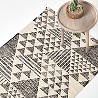 Homescapes Delphi Black and White Geometric Style 100% Cotton Printed Rug, 90 x 150 cm