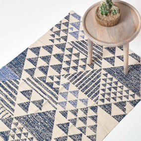 Homescapes Delphi Blue and White Geometric Style 100% Cotton Printed Rug, 90 x 150 cm