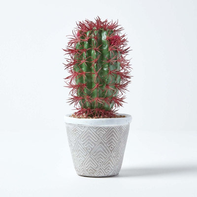 Homescapes Denmoza Artificial Cactus with Flowers in Patterned Pot, 25 cm Tall