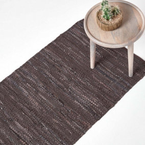 Homescapes Denver Leather Woven Rug Brown, 66 x 200 cm