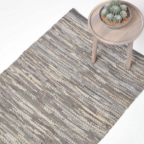 Homescapes Denver Leather Woven Rug Grey, 90 x 150 cm
