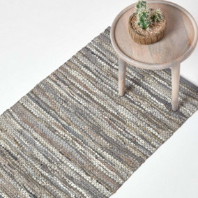 Homescapes Denver Leather Woven Rug Grey Hall Runner