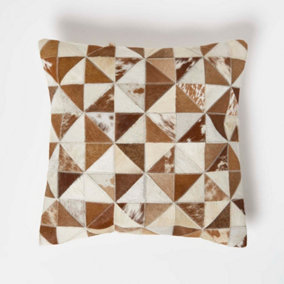 Homescapes Diamond Check Brown & Cream Hide Leather Cushion 45 x 45 cm