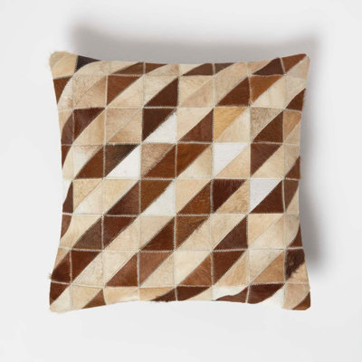 Homescapes Diamond Check Cream & Brown Leather Cushion 45 x 45 cm