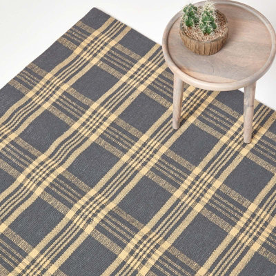 Homescapes Douglas Grey and Yellow Tartan Check Non-Slip 100% Wool Rug, 150 x 240 cm