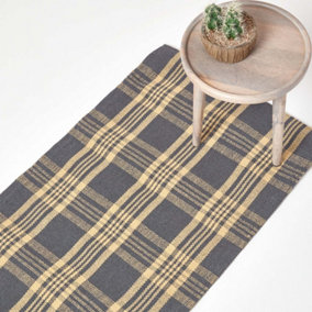 Homescapes Douglas Grey and Yellow Tartan Check Non-Slip 100% Wool Rug, 66 x 200 cm