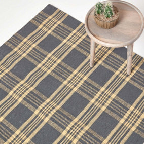 Homescapes Douglas Grey and Yellow Tartan Check Non-Slip 100% Wool Rug, 70 x 120 cm