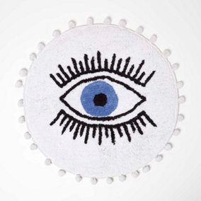 Homescapes Eye See You Natural Cotton Bath Mat with Pom Pom Edges