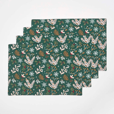 Homescapes Festive Forest Green Christmas Placemats, Set of 4