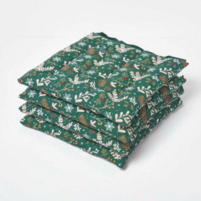 Homescapes Festive Forest Green Christmas Seat Pad Set of 4 Cotton 40 x 40 cm