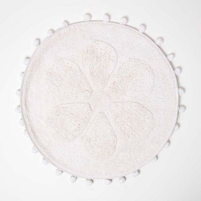Homescapes Floral Bath Mat White 100% Cotton with Pom Pom Edges
