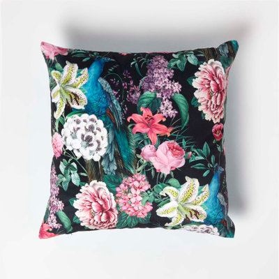 Homescapes Floral Garden Parrot Filled Velvet Cushion 46 x 46 cm