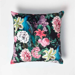 Homescapes Floral Garden Parrot Filled Velvet Cushion 46 x 46 cm