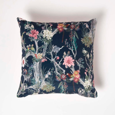 Homescapes Floral Peacock Black & Teal Filled Velvet Cushion 46 x 46 cm