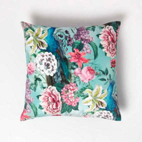 Homescapes Floral Peacock Pink & Green Filled Velvet Cushion 46 x 46 cm