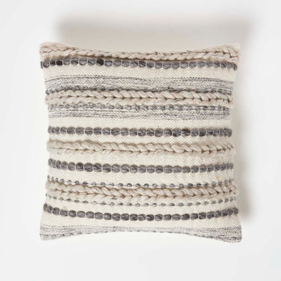 Homescapes Fyn Handwoven Braided Beige & Grey Kilim Cushion 45 x 45 cm