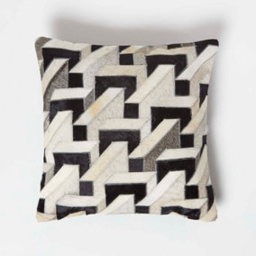 Homescapes Geometric Block Brown & Cream Leather Cushion 45 x 45 cm