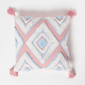 Homescapes Geometric Ikat Blue & Pink Tufted Cotton Cushion with Tassels 45 x 45 cm