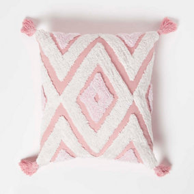 Homescapes Geometric Ikat White & Pink Tufted Cotton Cushion with Tassels 45 x 45 cm
