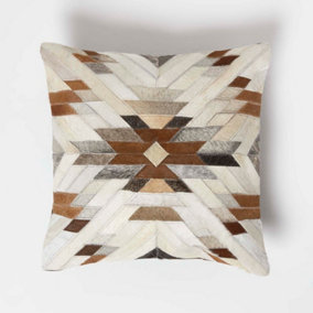 Homescapes Geometric Star Brown & Cream Leather Cushion 45 x 45 cm